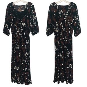 Adrienne Vittadini Prairie Dress Womens XL Rust Black Floral Full Length Peasant